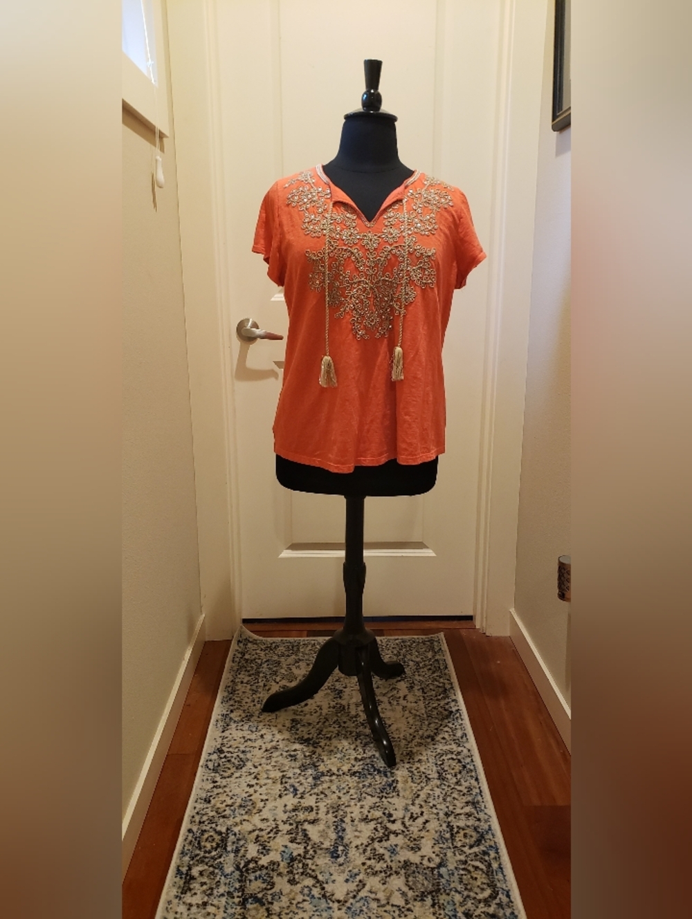Charter Club Womens Embrodered V-neck Orange Pullover With Short Sleeves